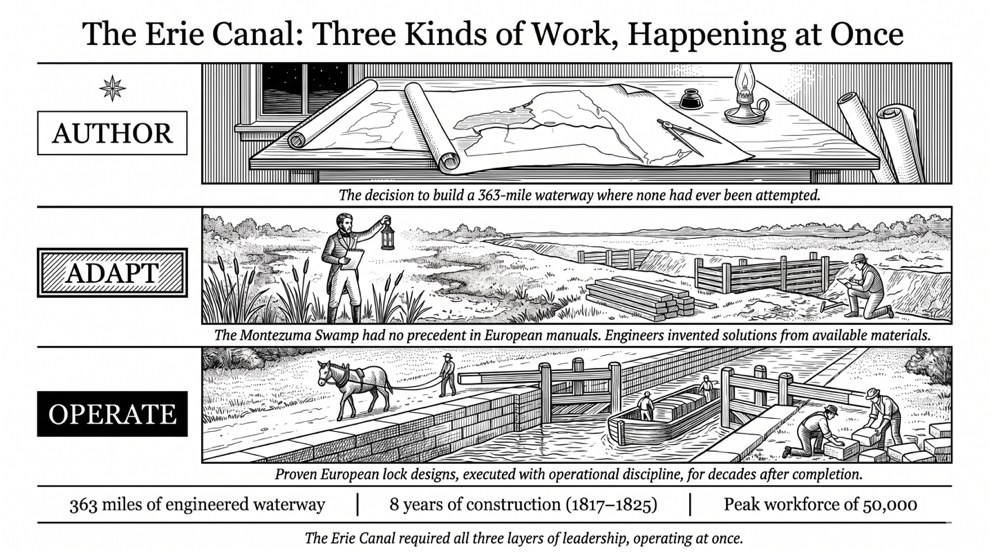 The Erie Canal: Three Kinds of Work, Happening at Once — illustration showing Author, Adapt, and Operate as parallel layers