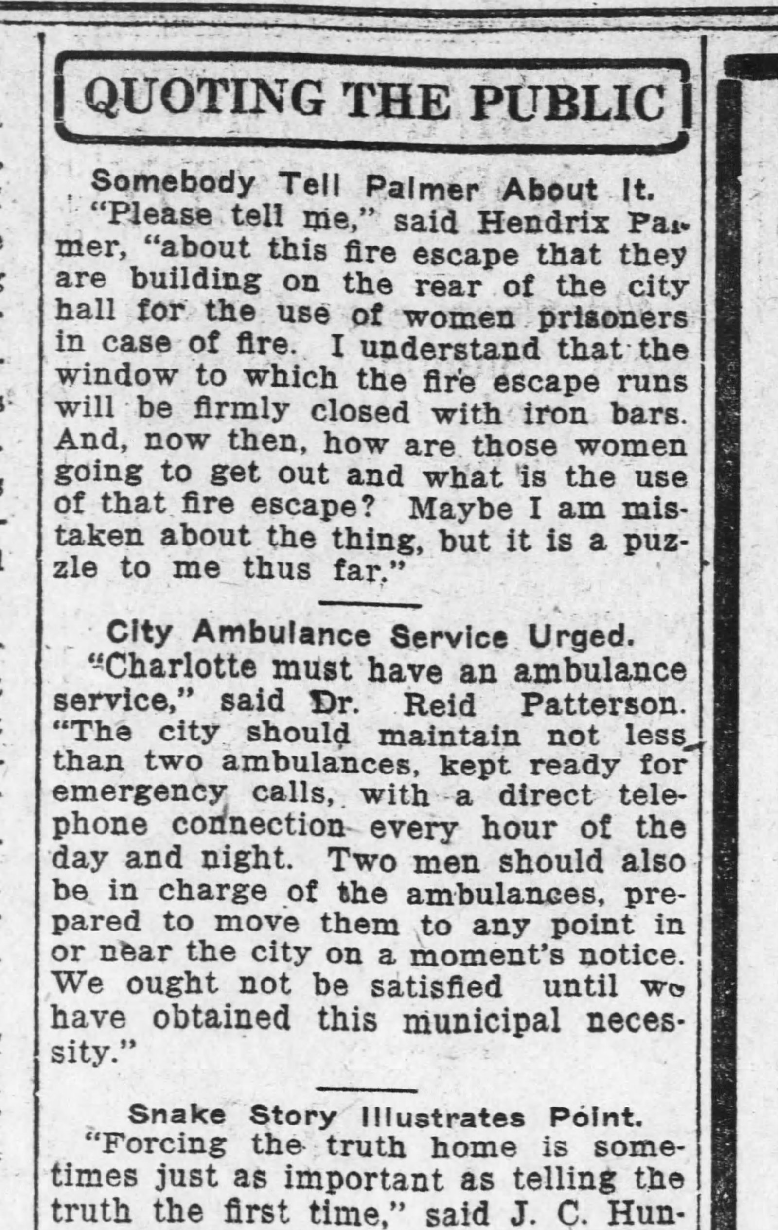1919 Charlotte News column in which Dr. Reid Patterson argues that Charlotte must have an ambulance service